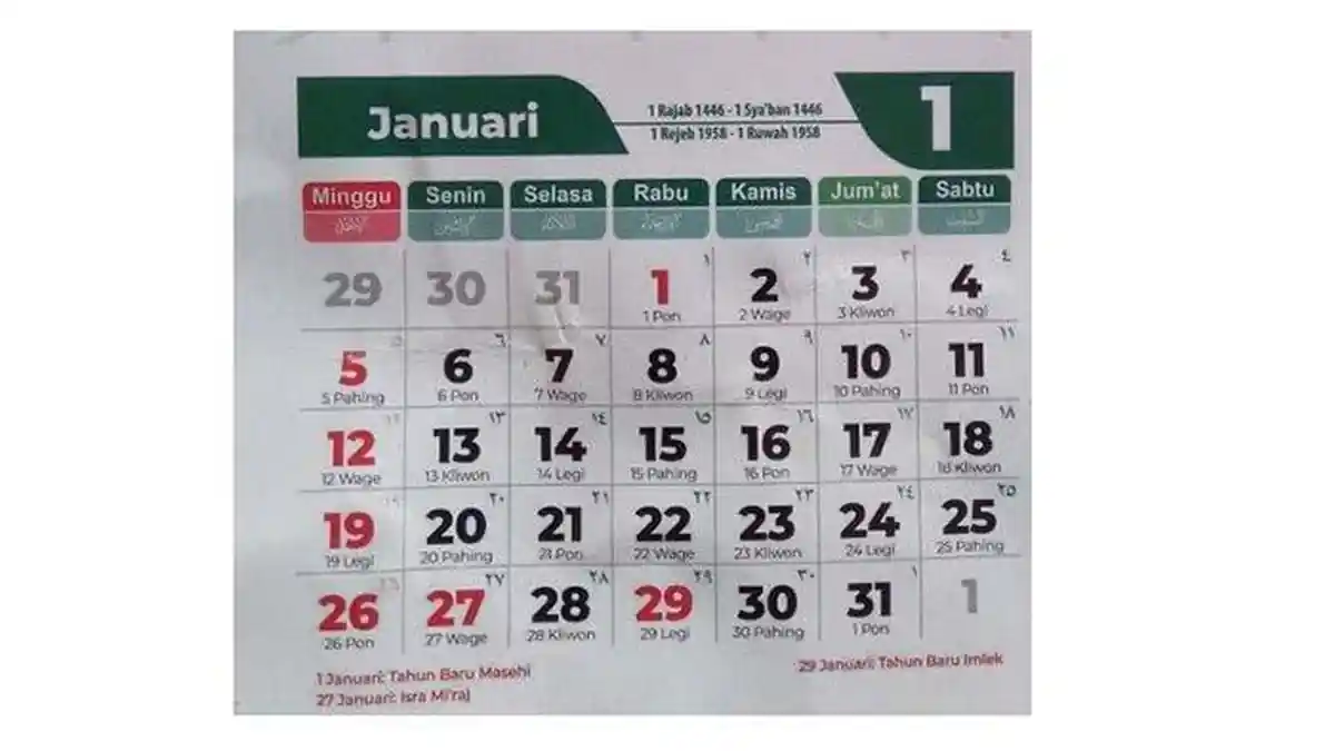 Kalender Januari 2025 Lengkap dengan Weton Jawa 6 Januari 2025