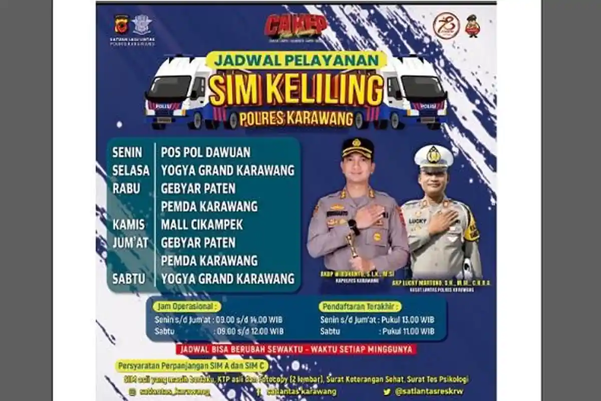 Jadwal Layanan SIM Keliling Karawang, Jumat 12 Juli 2024, di Gebyar PATEN Pemda Karawang