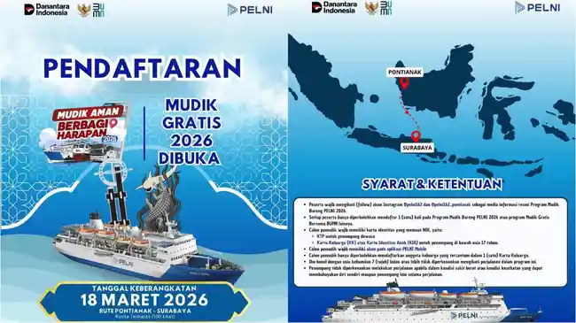 Mudik Gratis Kapal PELNI 2026 dari Pontianak ke Surabaya, Kuota 100 Tiket