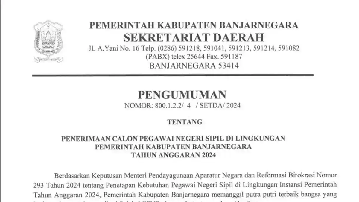 Link Download PDF Rincian 70 Formasi CPNS 2024 Pemkab Banjarnegara sscasn.bkn.go.id