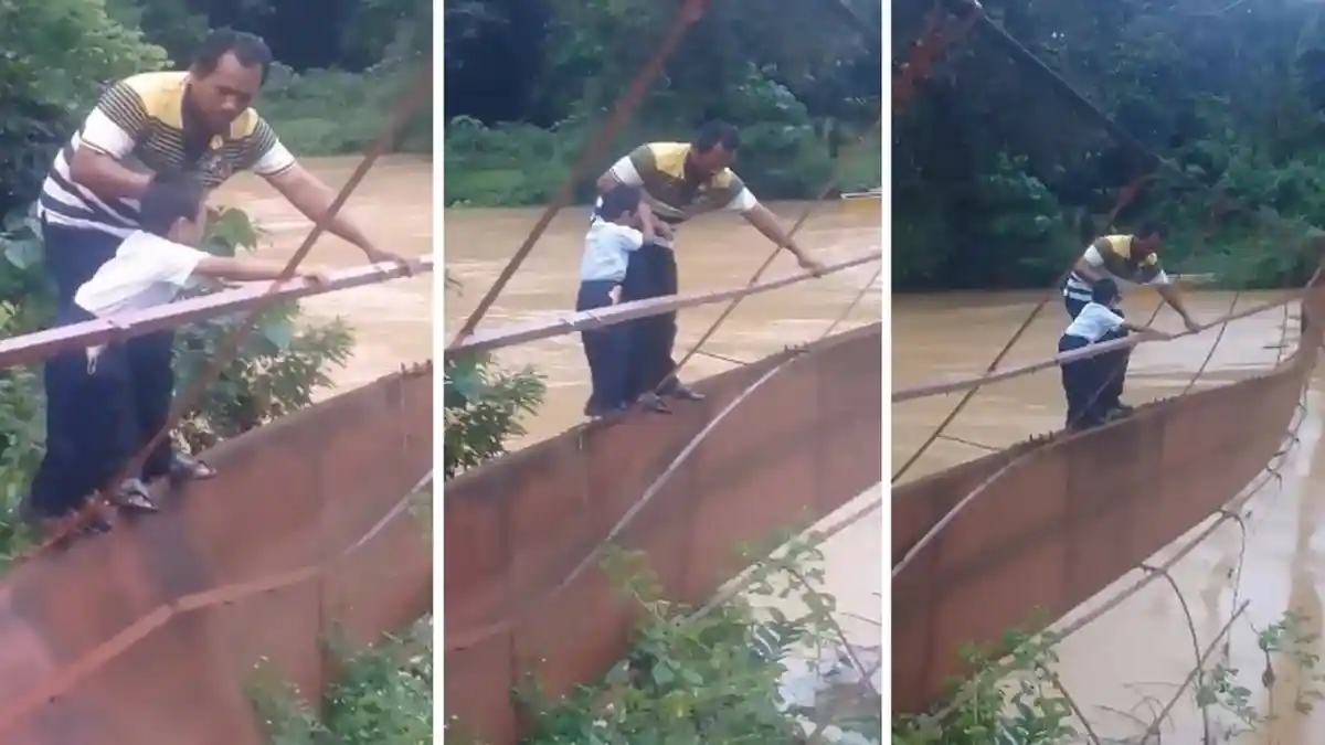 Meniti Jembatan Gantung, Anak Kecil Ini Menyabung Nyawa Pergi Sekolah