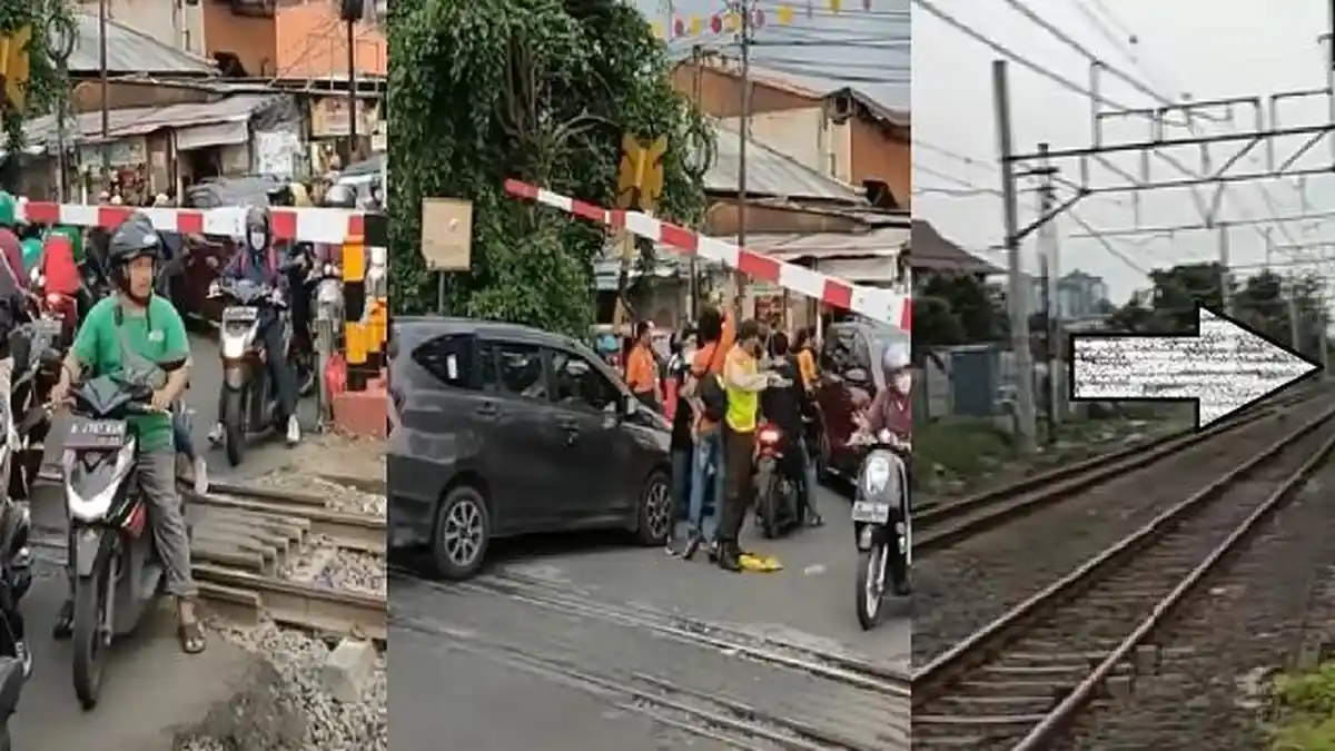 Video Viral Detik-detik Petugas dan Warga Saling Bantu Panik Atur Pengendara Sebrangi Rel Kereta Api