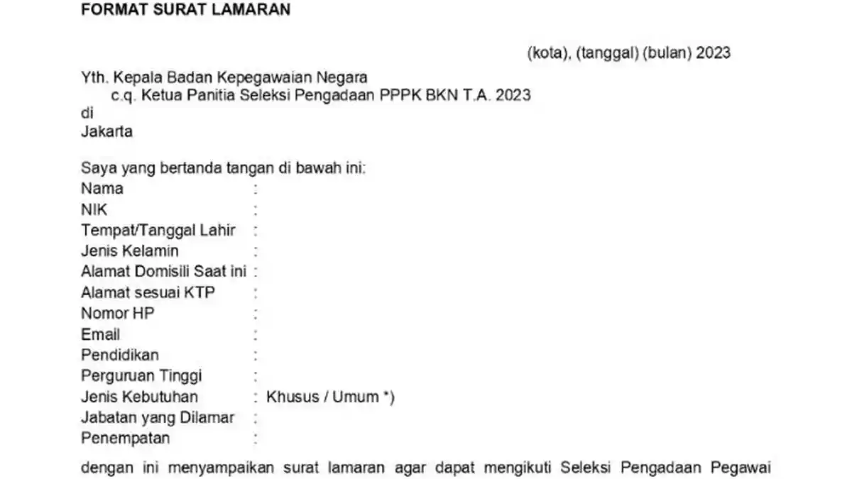 Contoh Format Surat Lamaran PPPK Teknis BKN 2023, Beserta Link Downloadnya