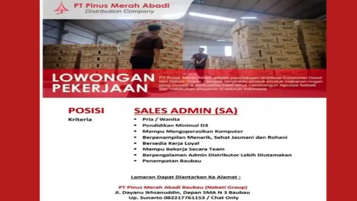 Lowongan Kerja Baubau, PT Pinus Merah Abadi Buka Rekrutmen Sales Admin, Syarat dan Cara Daftar