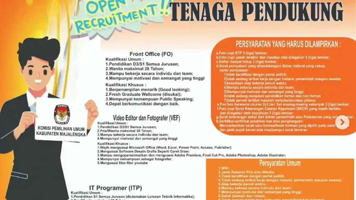 DIBUKA Lowongan Kerja di KPU Kabupaten Majalengka untuk untuk Lulusan D3/S1, Cek Daftar di Sini