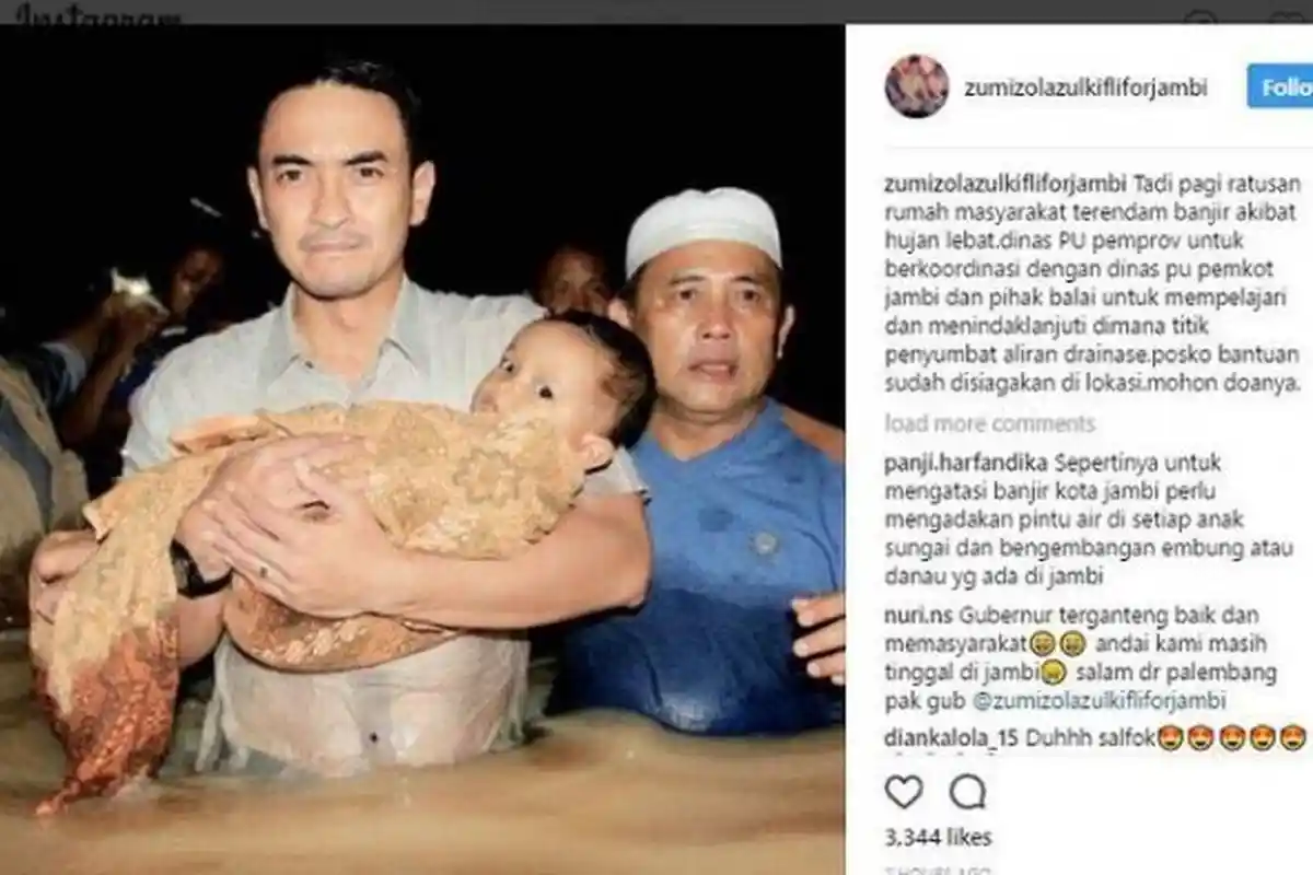 Jadi Viral di Media Sosial, Gubernur Jambi Zumi Zola Gendong Bocah Terobos Banjir, Ini Aksinya