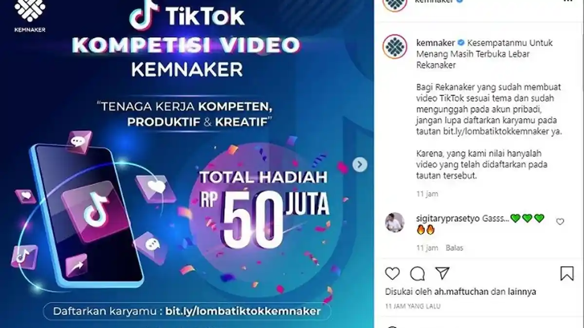 Kemnaker Gelar Kompetisi Video TikTok, Hadiah Puluhan Juta Rupih, Simak Syarat dan Cara Daftarnya