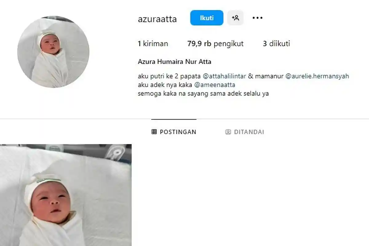 Akun Instagram Azura Anak Kedua Aurel dan Atta Halilintar Diserbu, Postingan Pertama Adik Ameena