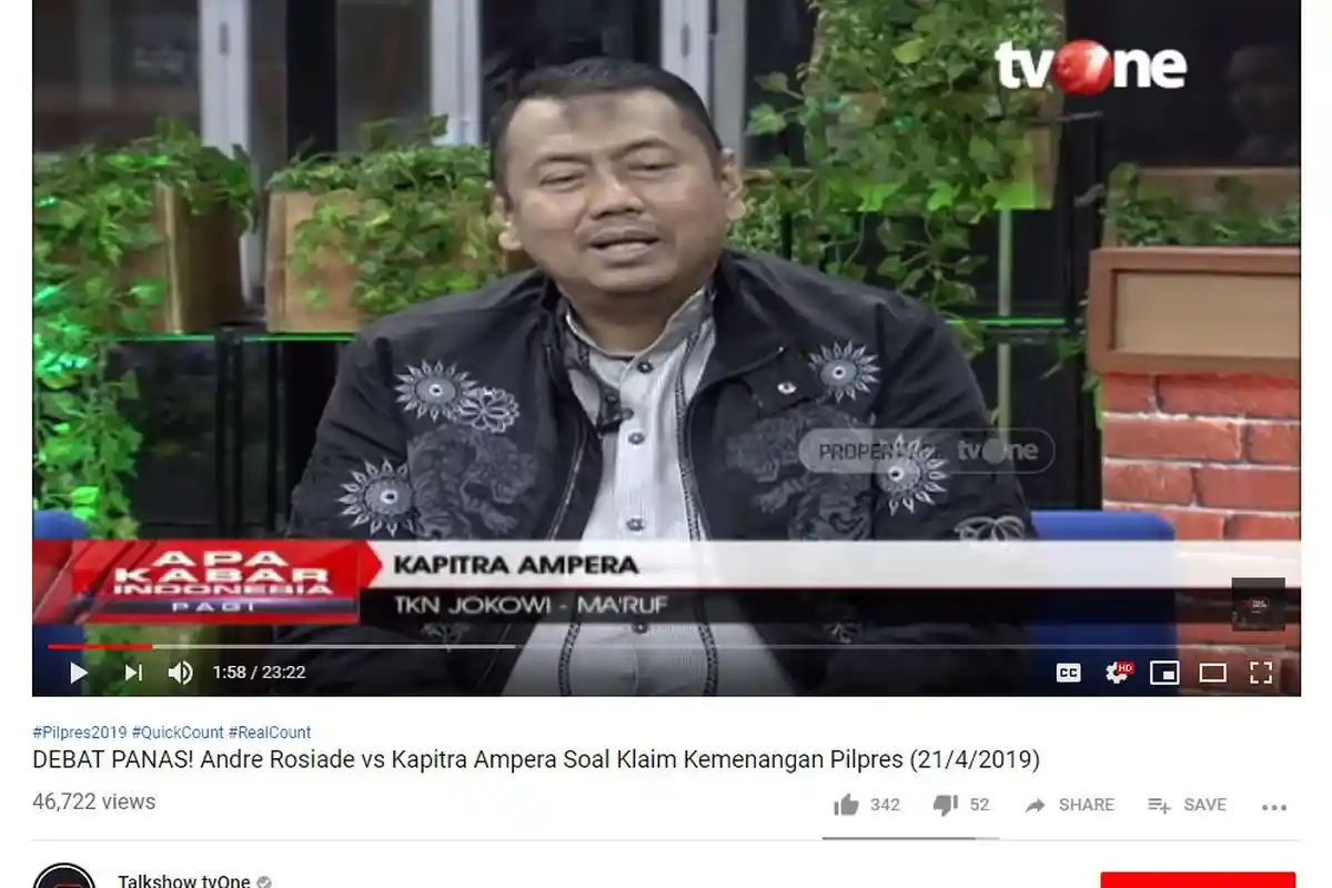 Kapitra Ampera Protes pada tvOne yang Tak Lagi Siarkan Hasil Quick Count, Ini Jawaban Pembawa Acara