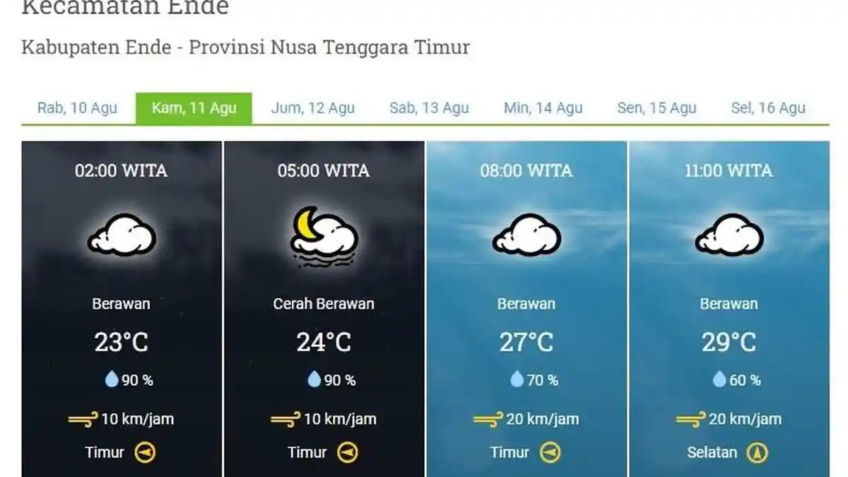 Info Cuaca NTT Besok Kamis 11 Agustus 2022, Manggarai Ngada Hujan Disertai Petir