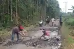 Jalan Penghubung Desa Rusak Parah, Warga Empat Lawang Kompak Gotong Royong Timbun Lubang