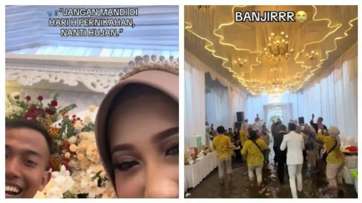 Langgar Mitos Pernikahan, Pasangan Pengantin Ini Kebanjiran! Tamu Tetap Asyik Joget