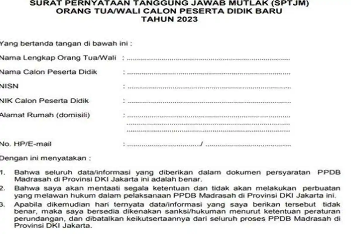 Terbaru! Lengkap Link SPTJM PDF dan Contoh Surat Tanggung Jawab Mutlak Orang Tua PPDB 2023