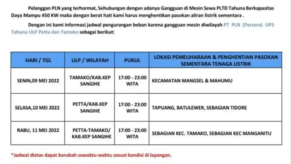 PLN Tahuna Jadwalkan Pemadaman Listrik, Berikut Lokasinya