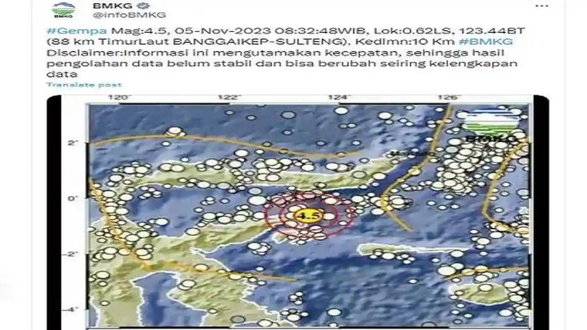 Info Gempa Hari Ini Minggu 5 November 2023, BMKG: Guncang Sulteng, Bermagnitudo 4,5