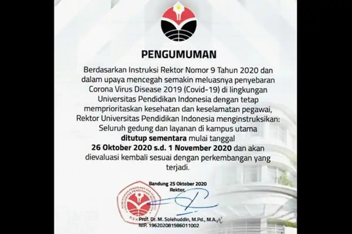Beredar Pesan Kampus UPI Ditutup Sepekan Mulai Hari Ini, Ada Apa? Ini Penjelasan Rektornya