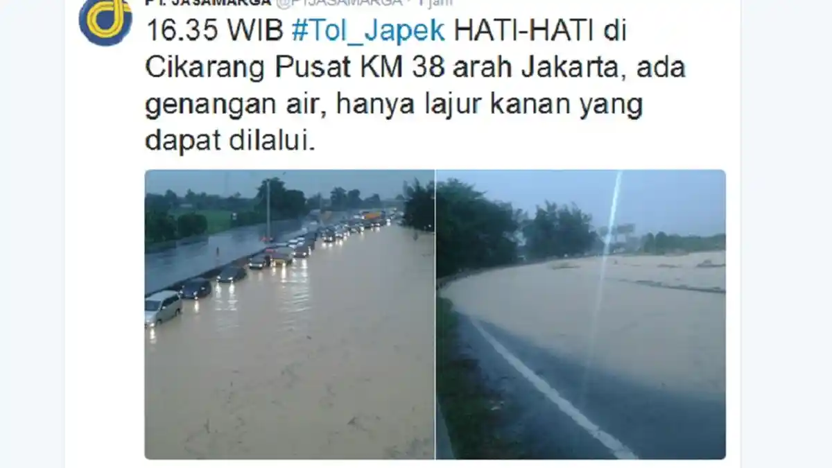 Hujan Deras, Tol Cikampek Km 38 Arah Jakarta Tergenang