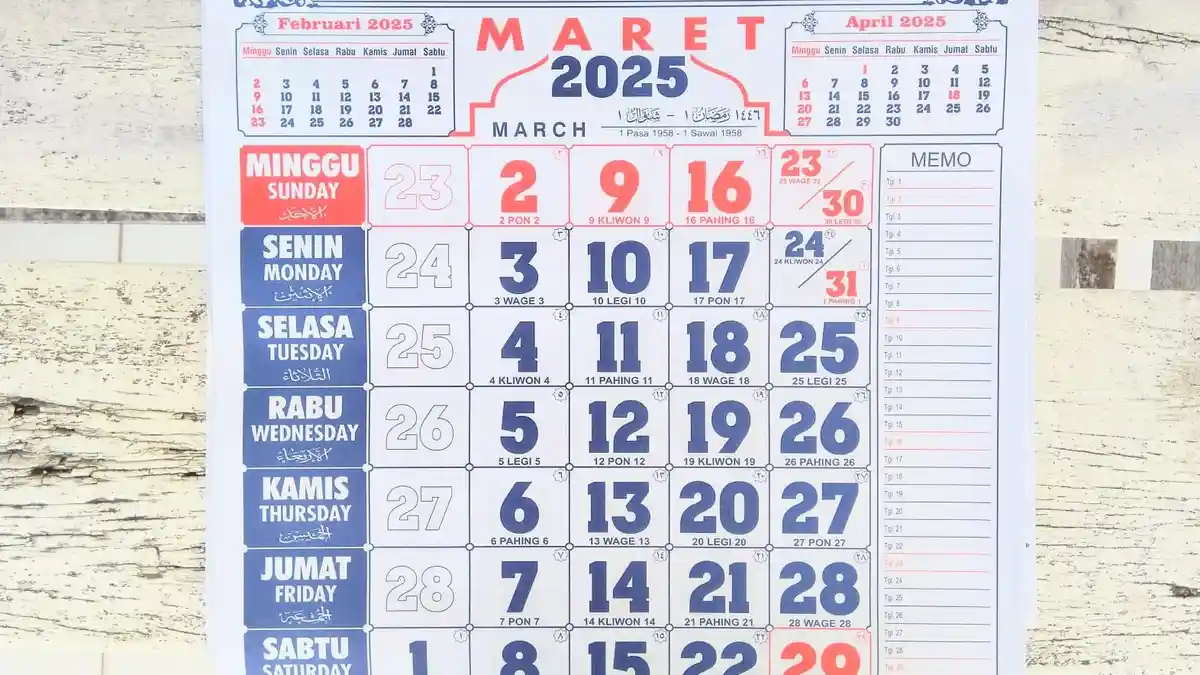 Kalender Maret 2025 Lengkap dengan Weton 30 Maret 2025, Simak Neptu Minggu Legi
