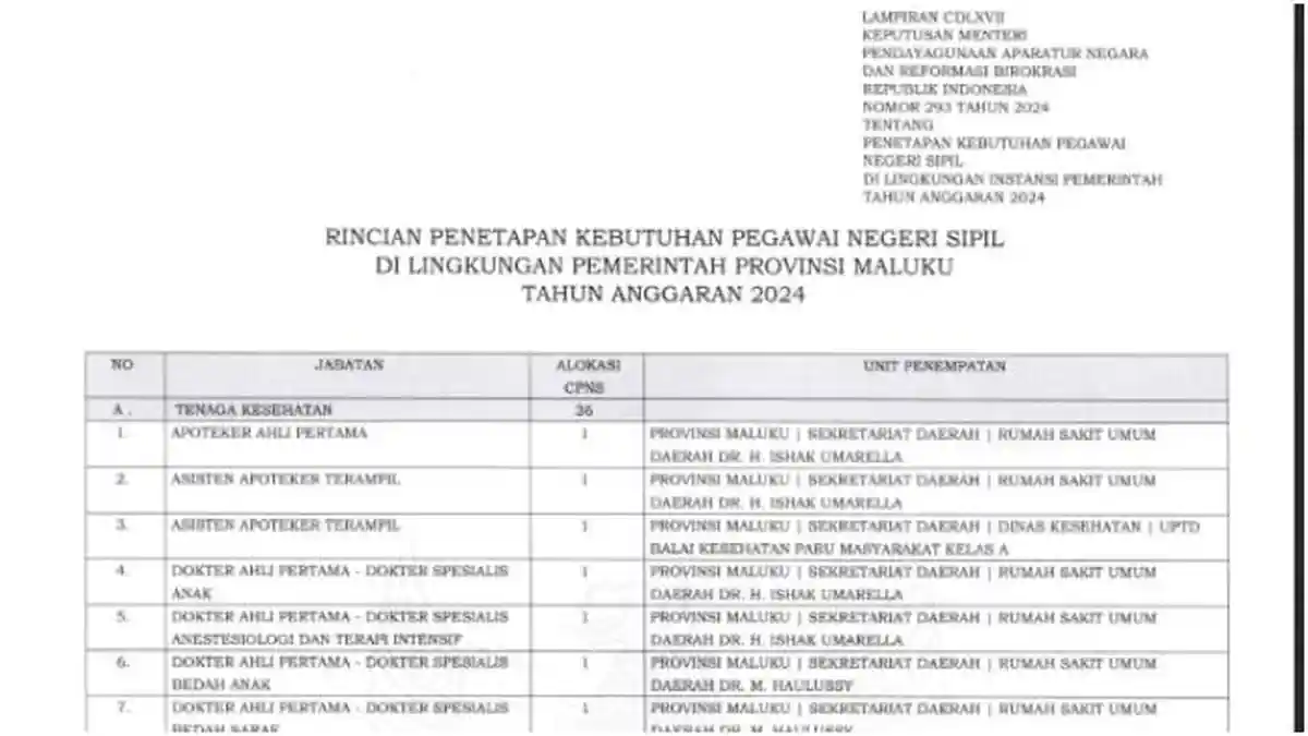 LINK Download PDF Formasi dan Kebutuhan CPNS Provinsi Maluku Tahun Anggaran 2024