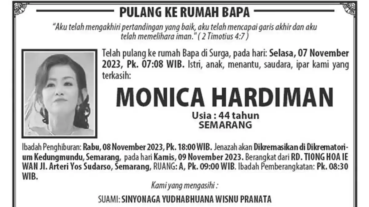 Berita Duka, MONICA HARDIMAN Meninggal Dunia di Semarang