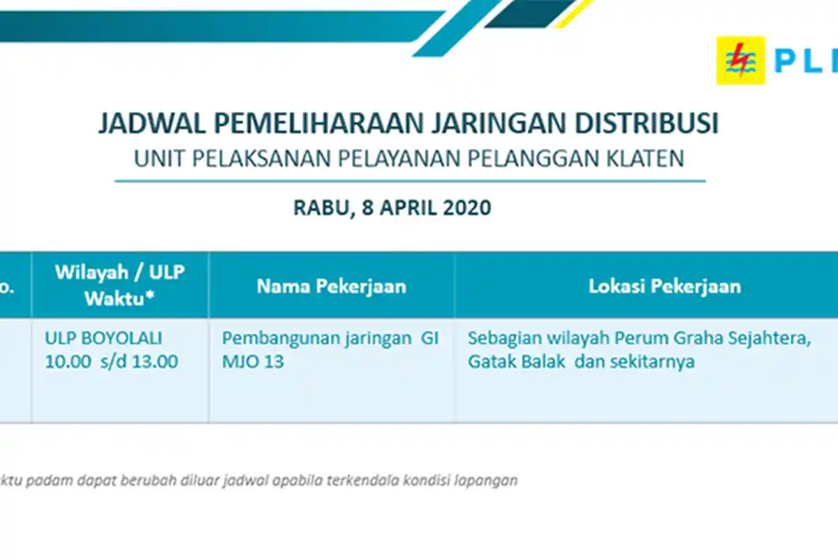 Info Pemeliharaan Jaringan Listrik Graha Sejahtera PLN ULP Boyolali, Rabu 8 April 2020