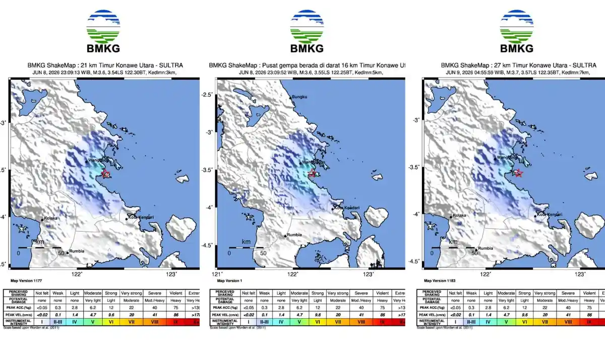 Gempa Beruntun di Konawe Utara 9 Juni 2026, Mulai Tengah Malam hingga Pagi, Getaran Dirasakan Warga