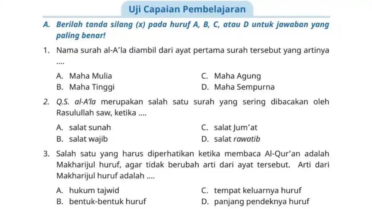 Kunci Jawaban PAI Kelas 6 Halaman 117, 118, 119 Kurikulum Merdeka, Uji Capaian Pembelajaran Bab 6