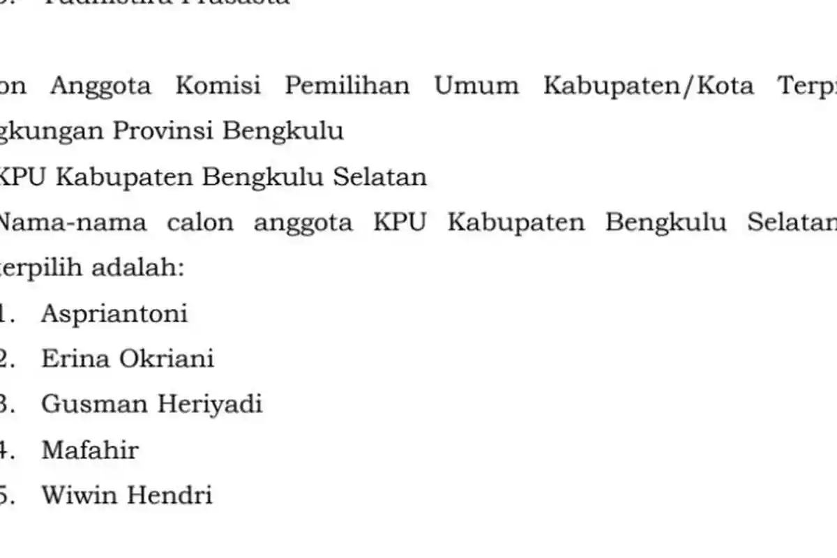 Daftar Nama 5 Komisioner KPU Bengkulu Selatan Periode 2023-2028, Ada Mantan Anggota Bawaslu