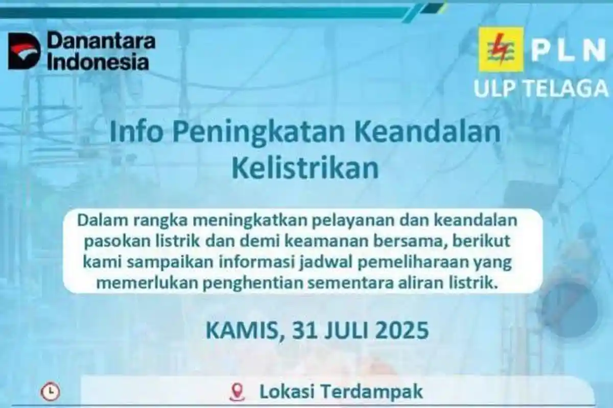Pemadaman Listrik 8 Jam di Gorontalo Hari Ini Kamis 31 Juli 2025: Ini Wilayah yang Terdampak