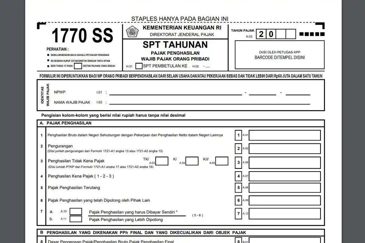 Cara Isi Formulir SPT 1770 SS untuk Lapor Pajak Bagi yang Berpenghasilan di Bawah Rp 60 Juta