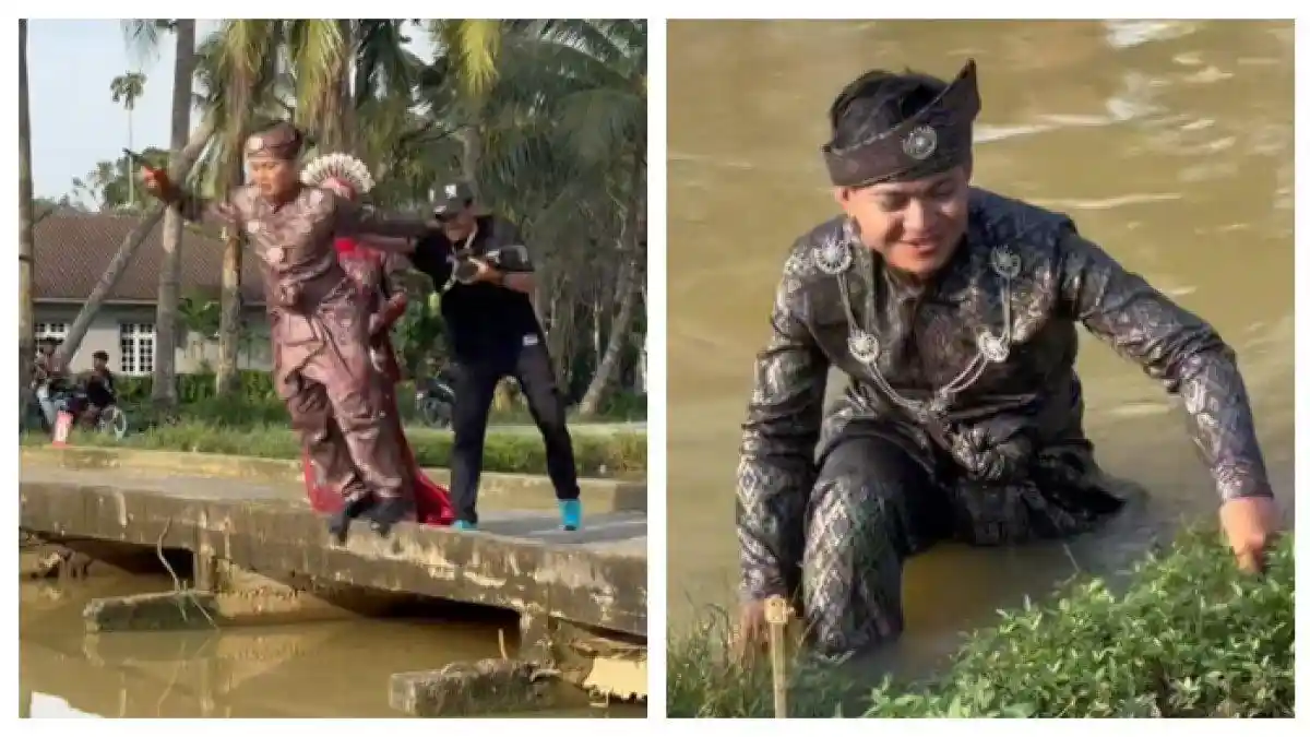 VIRAL Pengantin Pria Didorong ke Parit Oleh Fotografer, Pemilik Baju Ngamuk: Itu Baju Saya Rusak