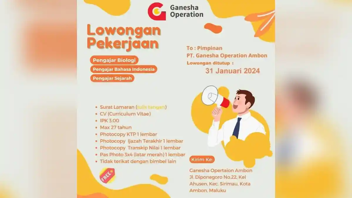Ganesha Operation Ambon Buka Lowongan Kerja Posisi IT dan Pengajar, Batas Lamar 31 Januari 2024