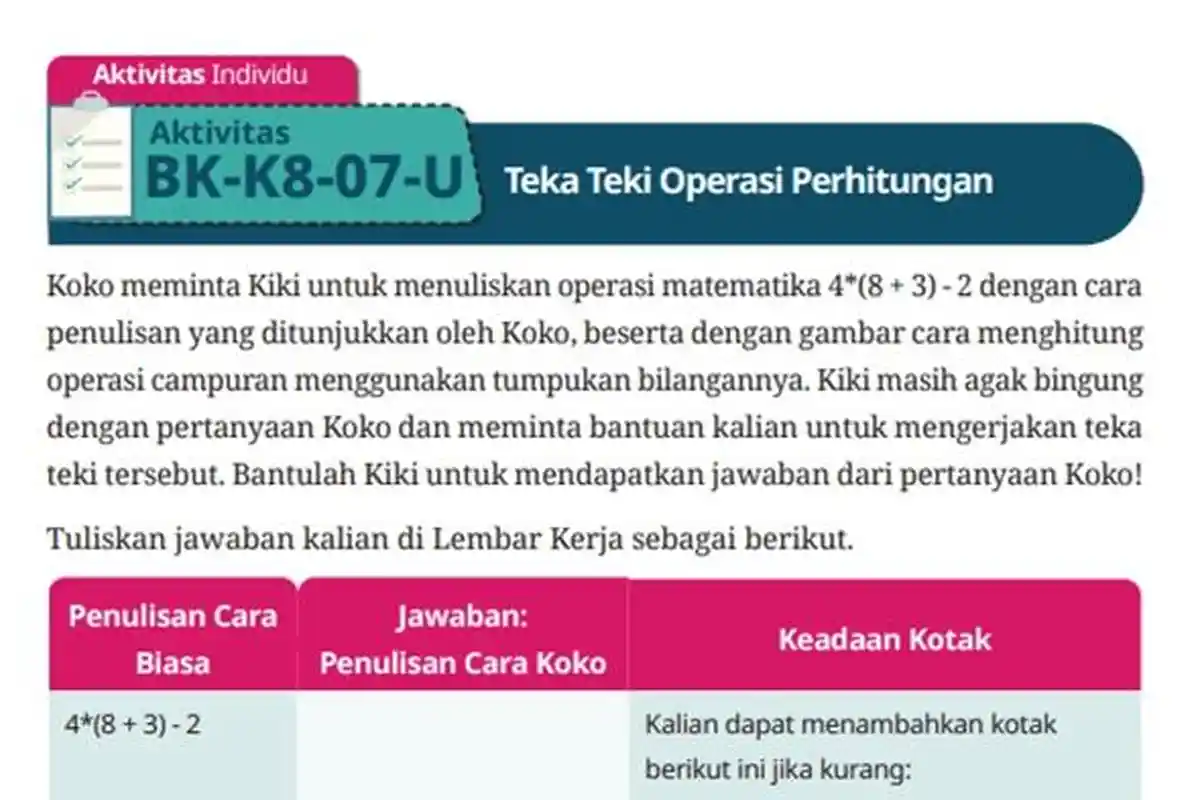 Kunci Jawaban Informatika Kelas 8 SMP Halaman 88 Kurikulum Merdeka, Teka Teki Operasi Perhitungan