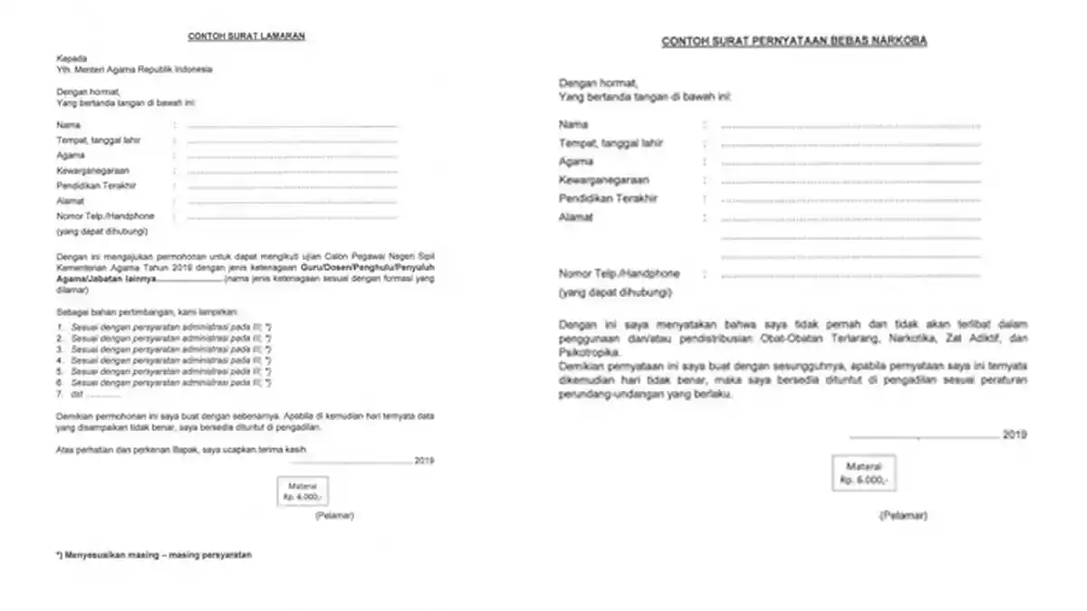 TERLENGKAP Download Format Surat Lamaran dan Surat Pernyataan Daftar CPNS Kemenag 2019