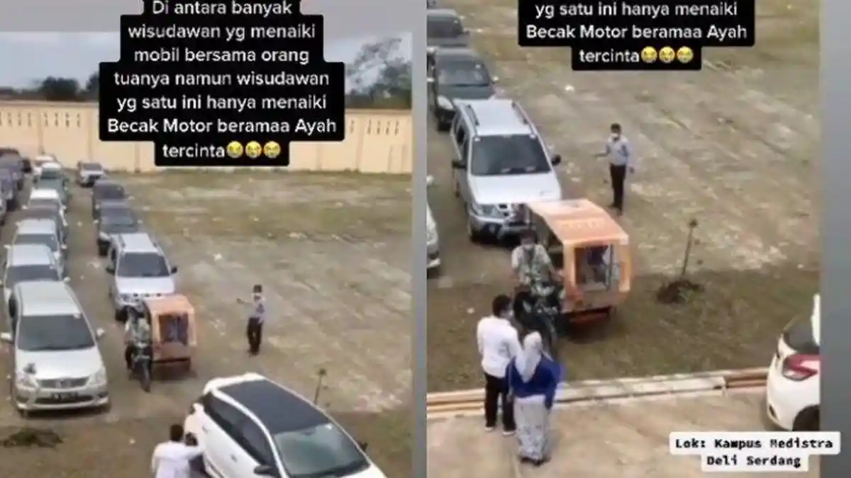Viral di Medsos Wisudawan Diantar Ayah Naik Becak Motor saat Wisuda Drive Thru, yang Lain Naik Mobil