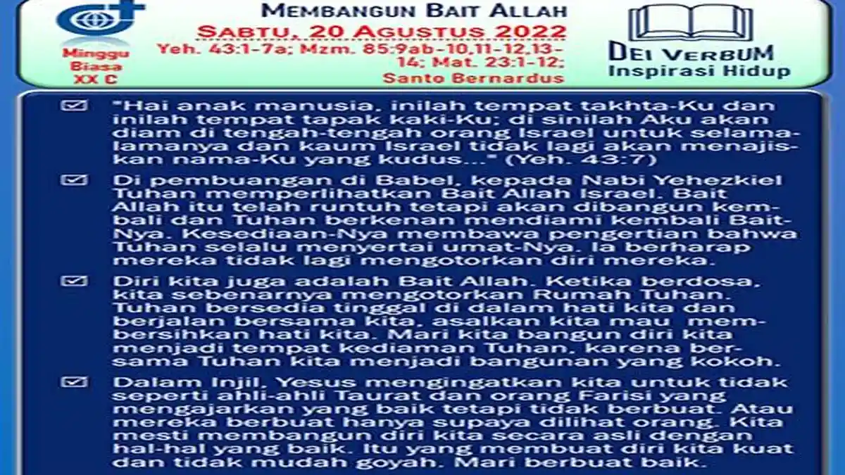 Bacaan Injil Katolik dan Inspirasi Katolik Hari Ini Sabtu 20 Agustus 2022