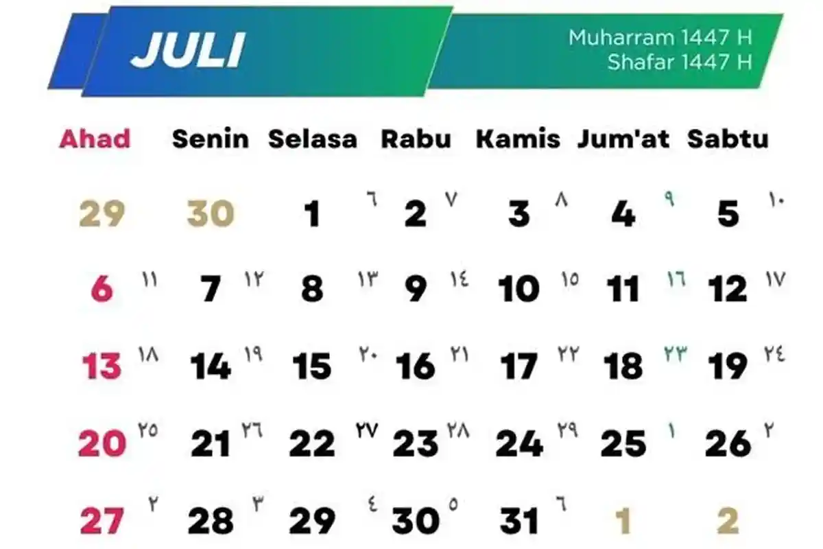 Kalender Juli 2025 Lengkap Libur Awal Bulan, Ada Tanggal Merah Apa Saja?
