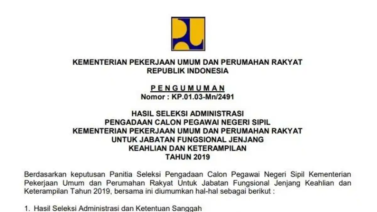 Pengumuman Hasil Seleksi Administrasi CPNS 2019 Kementerian PUPR, Cek Nama Anda di Sini!
