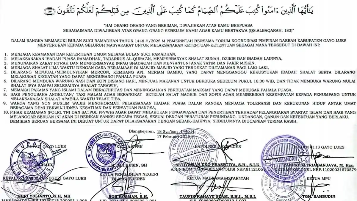 Forkopimda Gayo Lues Keluarkan Seruan Bagi Masyarakat Selama Ramadan 2025, Berikut 10 Isinya