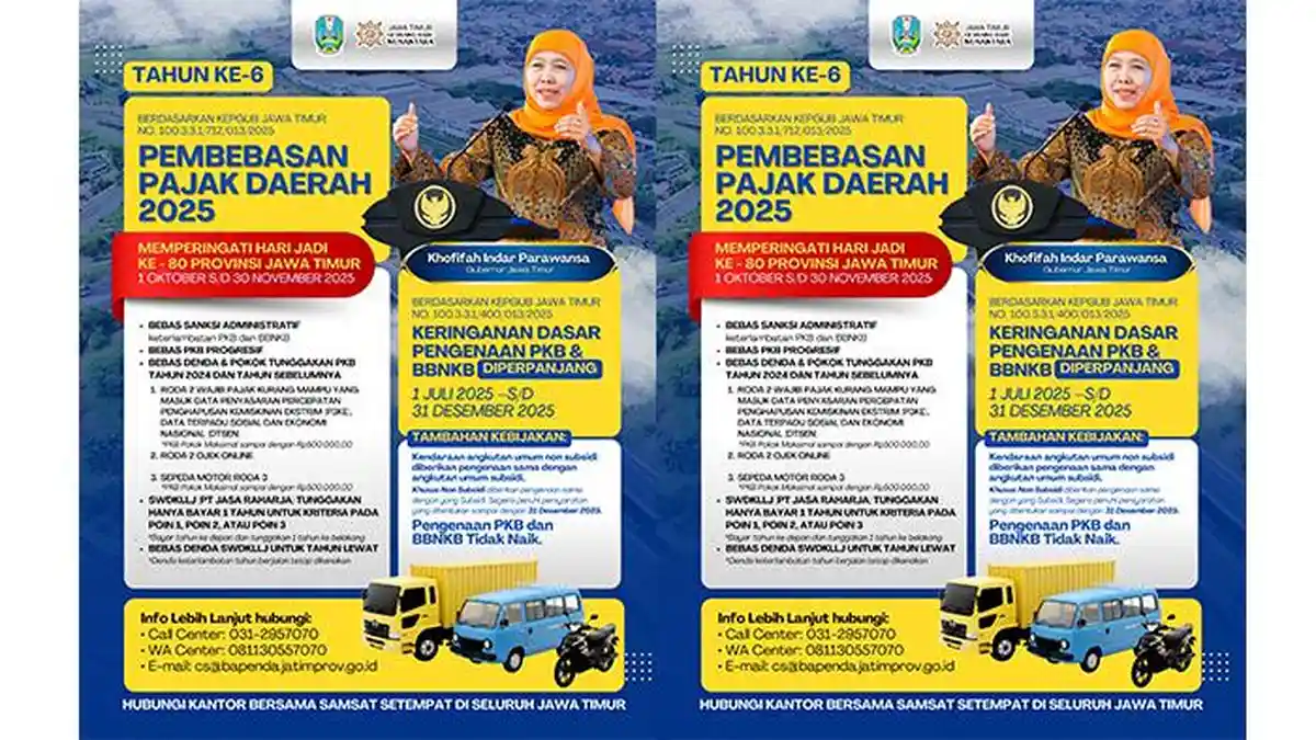 Hari Jadi Jawa Timur ke-80, Khofifah Hadirkan Pembebasan Pajak Kendaraan Bermotor bagi Warga Jatim