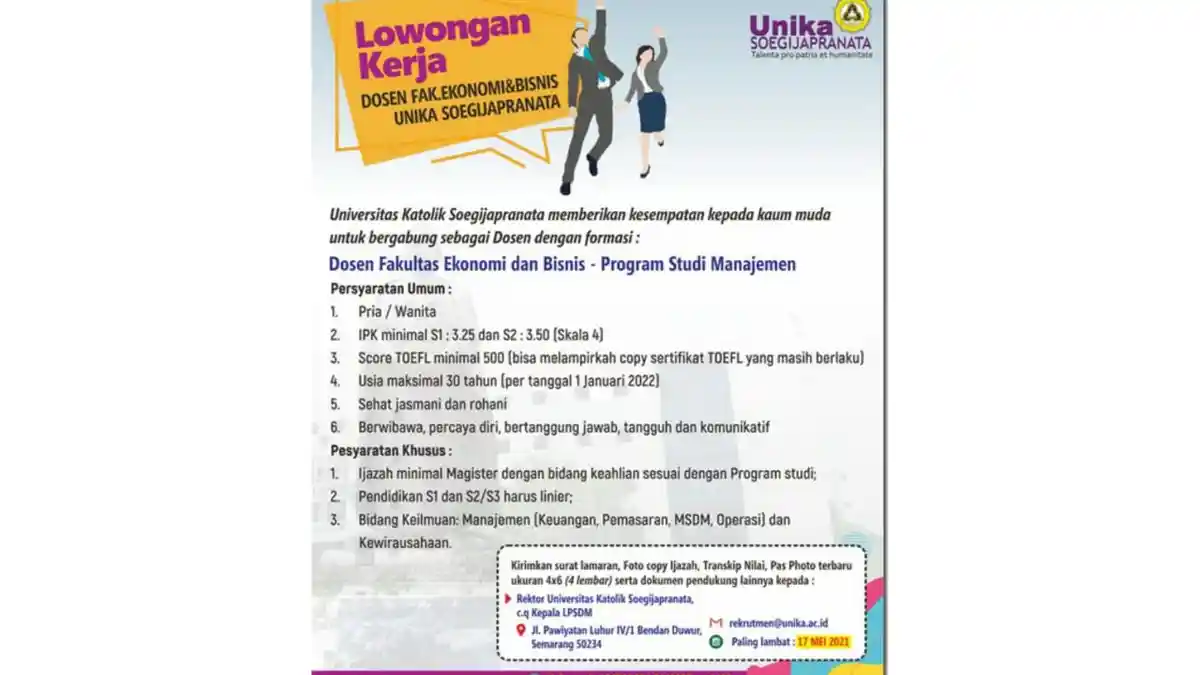 Lowongan Kerja Dosen, Rekrutmen Dosen FEB Unika Seogijapranata, Dibuka hingga 31 Mei