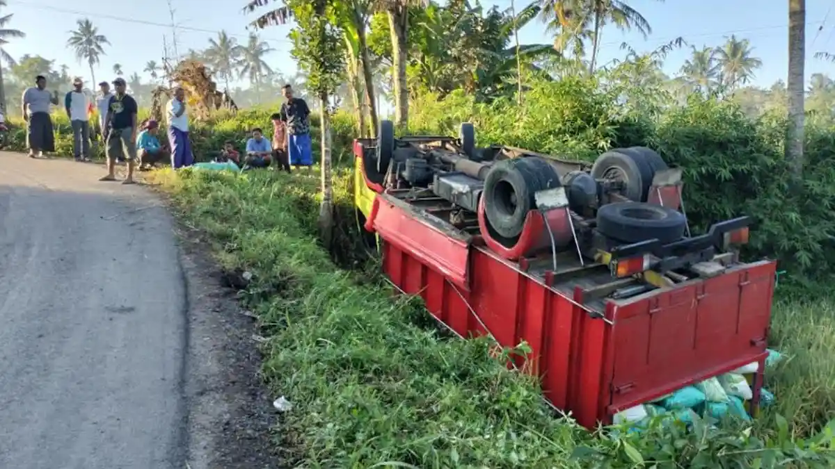 Truk Angkut Gabah Terguling di Bondowoso, Bermula Hindari Sepeda Motor di Tanjakan