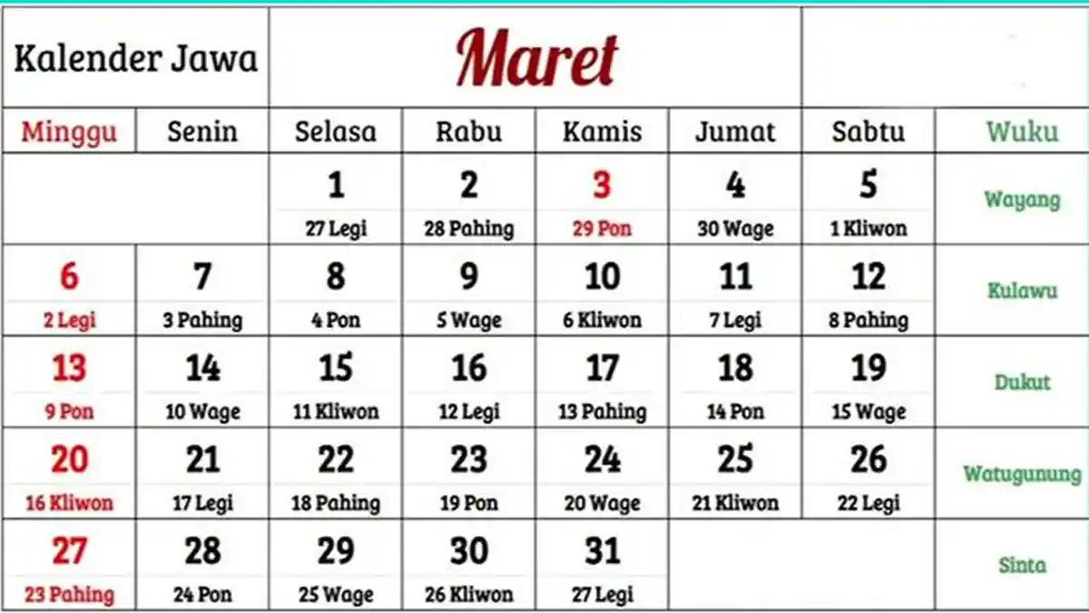 Kalender 2023 Versi Jawa dan Weton Bulan Maret 2023, Temukan Hari Baikmu Disini!