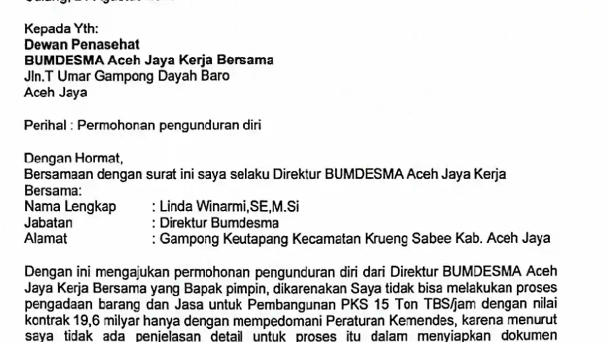 Beredar Surat Dirut Bumdesma Aceh Jaya Mengundurkan Diri, Ini Faktanya