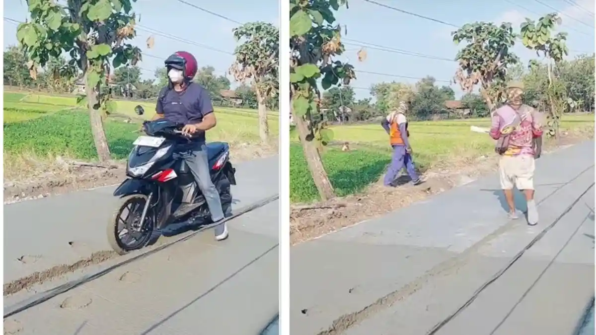 Nekat Terobos Jalan Cor Basah, Pemotor Ini Putar Balik Karena Panik Dikejar Pekerja