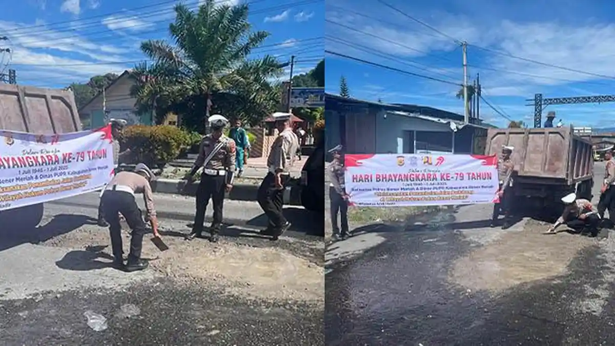 Satlantas Polres Bener Meriah Tambal Jalan Berlubang