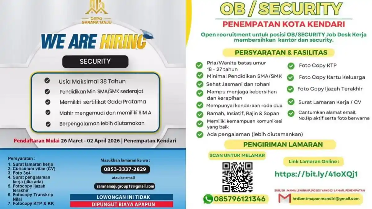 Loker Security di Kota Kendari Sulawesi Tenggara, Lulusan SMA Bisa Daftar, Cek Persyaratannya