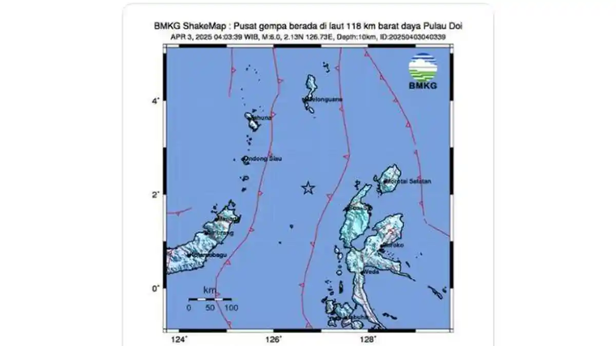 Gempa M 6,0 Guncang Pulau Doi Maluku Utara Hari Ini, BMKG: Terasa hingga Minahasa Utara