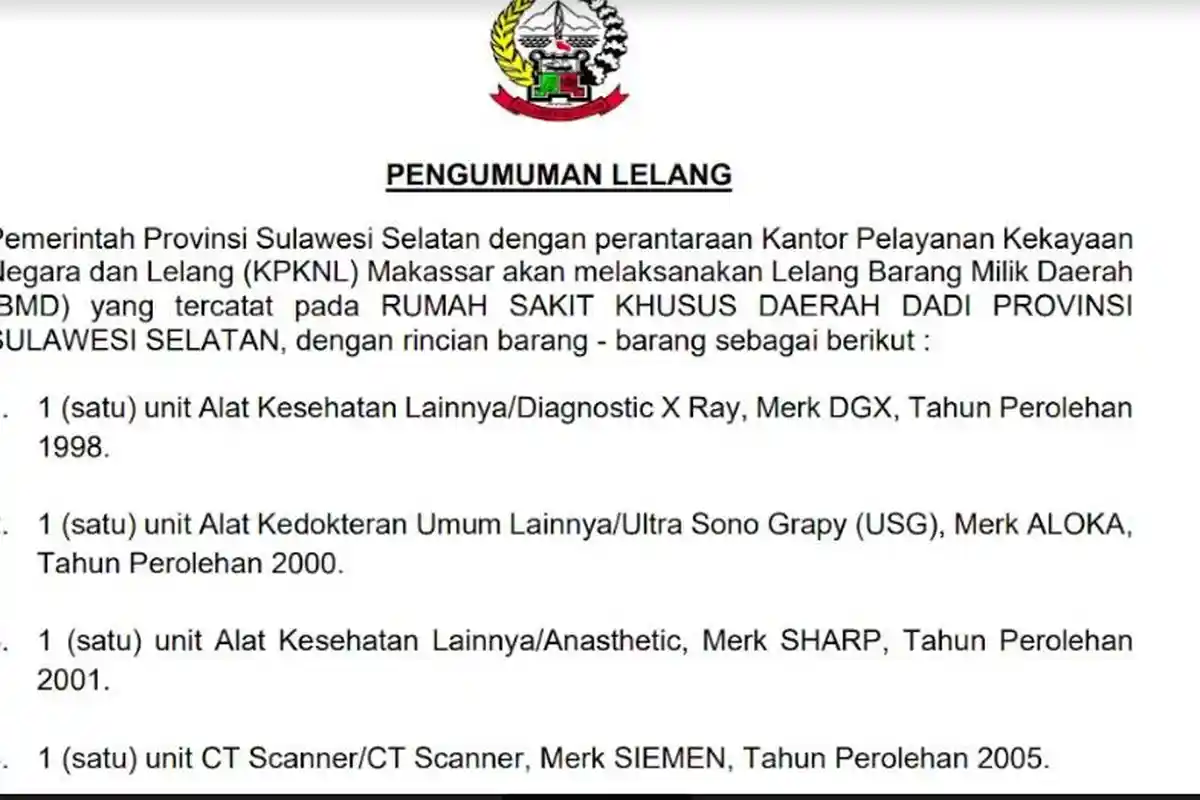 Daftar 13 Unit Alat Kesehatan RSKD Dadi Makassar yang Dilelang, Ada Alat USG