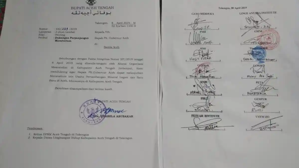 Bupati Aceh Tengah Keluarkan Surat Dukungan Perpanjangan Moratorium Pertambangan